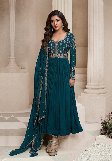 Teal Blue Embroidered Silk Anarkali Set With Dupatta