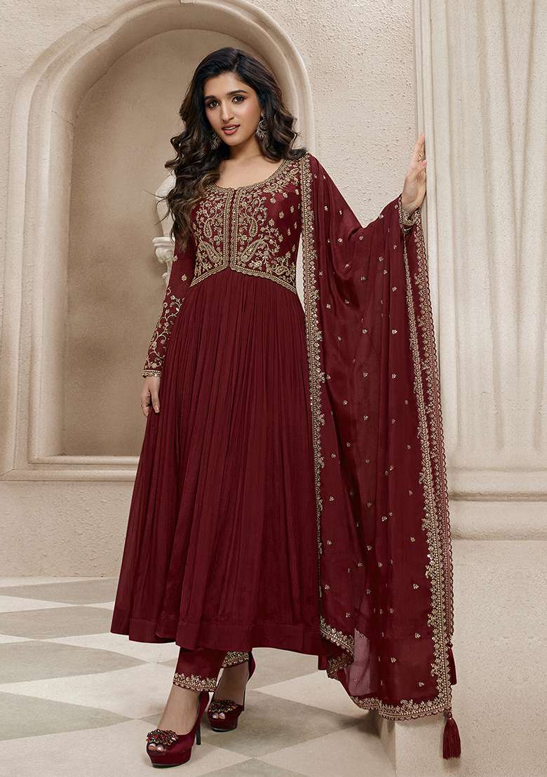 Maroon Embroidered Silk Anarkali With Dupatta With Dupatta - Indya