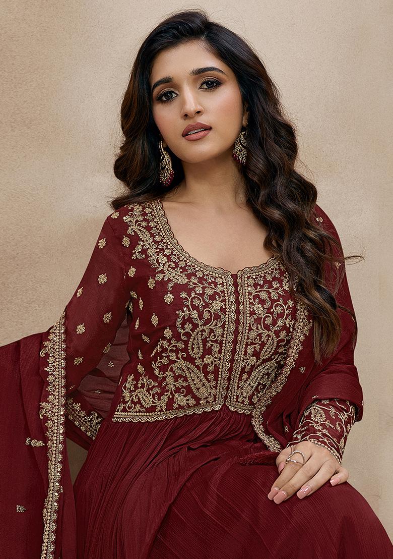 Maroon Embroidered Silk Anarkali Set With Dupatta