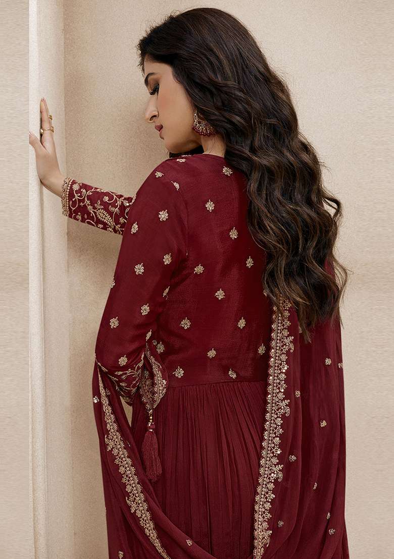 Maroon Embroidered Silk Anarkali With Dupatta With Dupatta - Indya