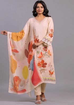 Peach Embroidered Satin Salwar Kameez With Dupatta