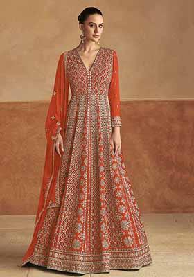 Orange Embroidered Chinnon Silk Anarkali Set With Dupatta