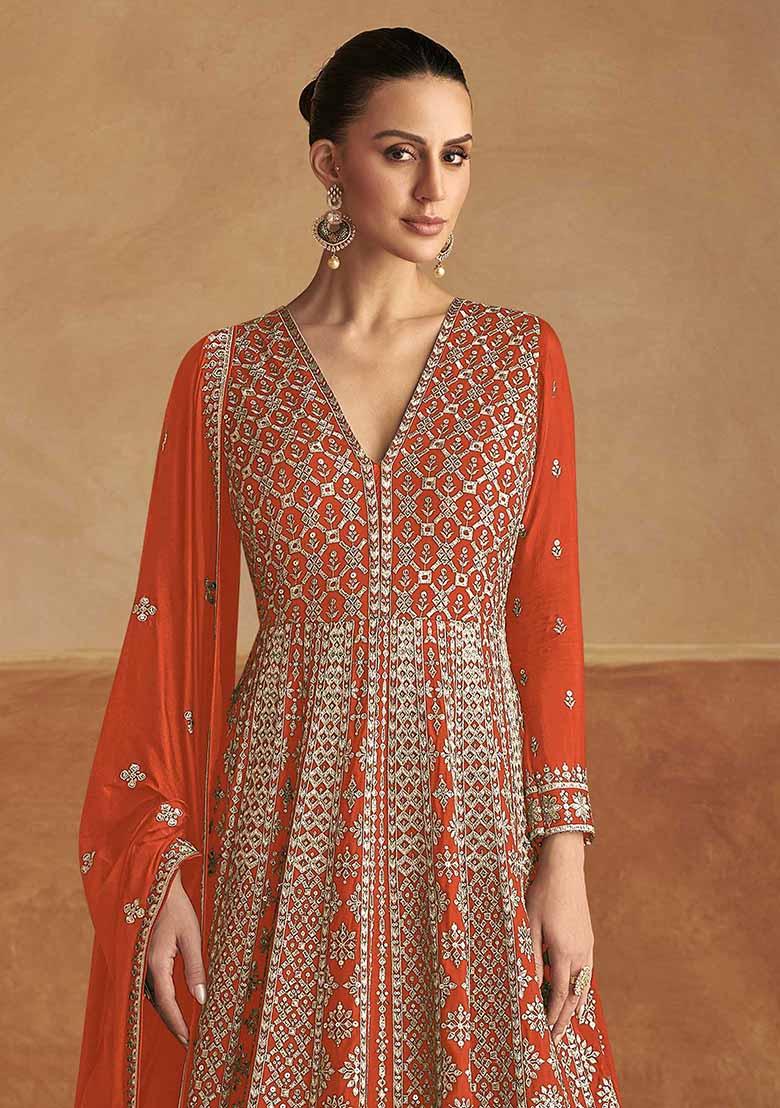 Orange Embroidered Chinnon Silk Anarkali Set With Dupatta