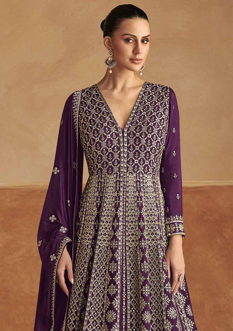 Purple Embroidered Chinnon Silk Anarkali Set With Dupatta