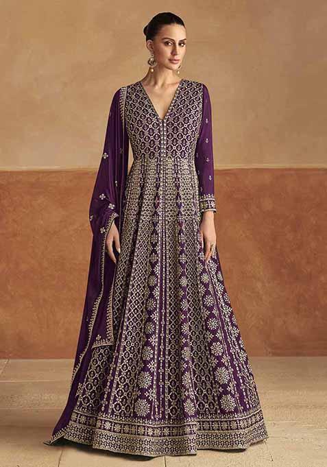 Purple Embroidered Chinnon Silk Anarkali Set With Dupatta