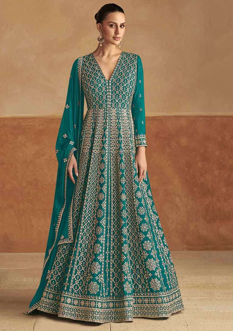 Turquoise Blue Embroidered Chinon Anarkali Set - Indya