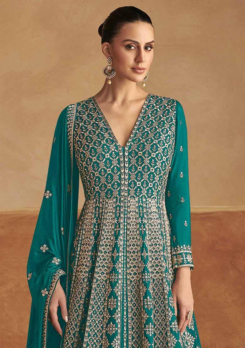 Turquoise Blue Embroidered Chinnon Silk Anarkali Set With Dupatta