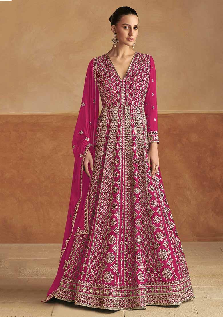 Pink Embroidered Chinnon Silk Anarkali Set With Dupatta