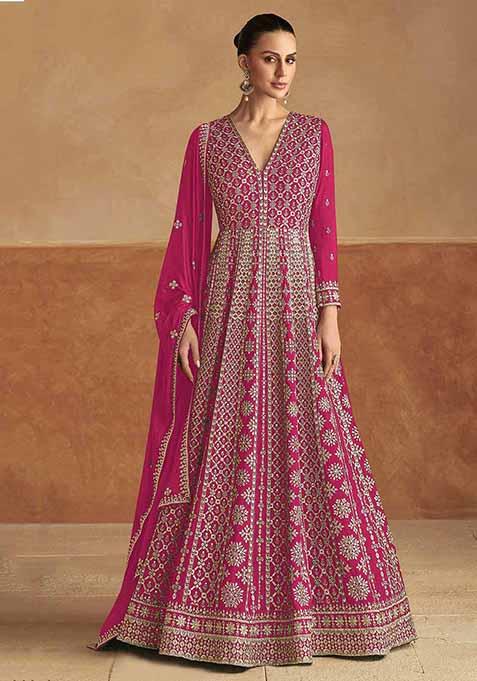 Pink Embroidered Chinnon Silk Anarkali Set With Dupatta