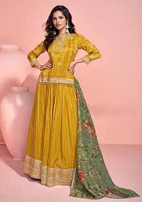 Yellow Embroidered Silk Lehenga Set With Dupatta