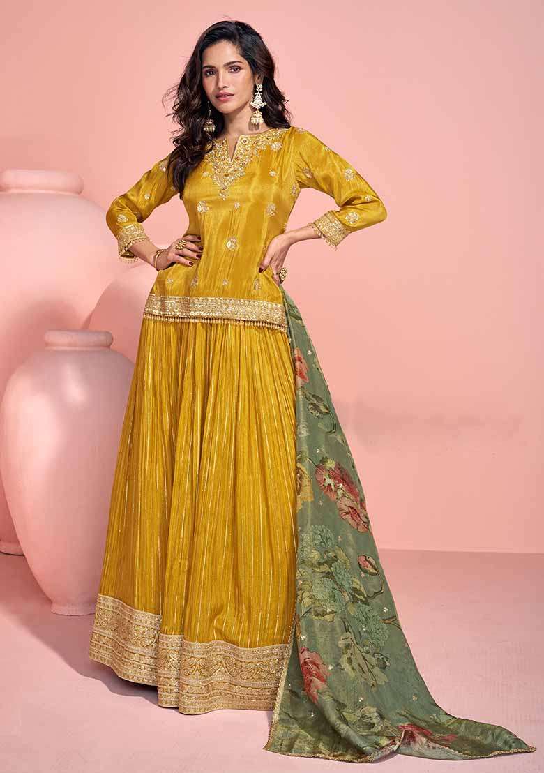 Yellow Silk With Dupatta Lehenga Set with Embroidered for Diwali | Wedding & Festive Wear - Indya