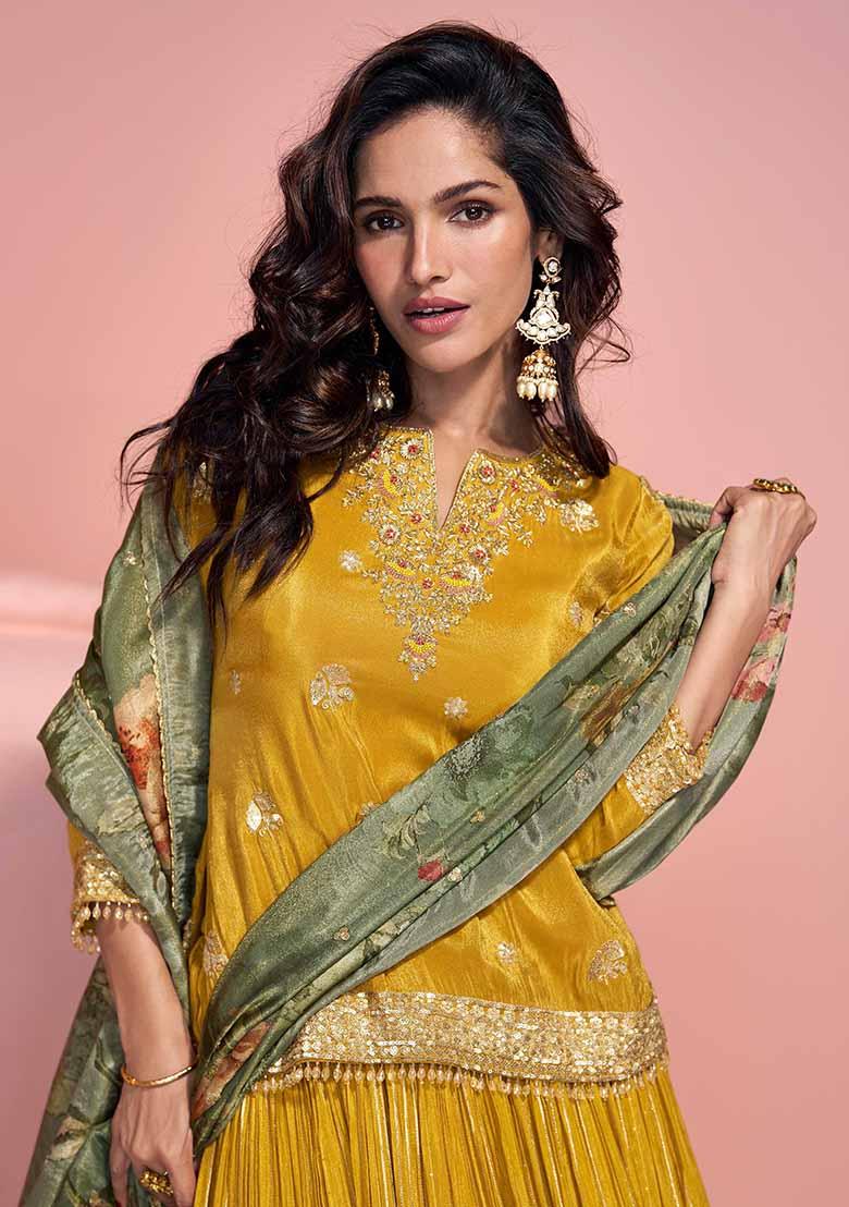 Yellow Embroidered Silk Lehenga Set With Dupatta