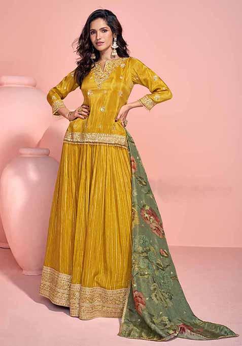 Yellow Embroidered Silk Lehenga Set With Dupatta