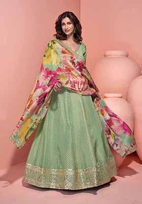 Pista Green Embroidered Jacquard Anarkali Set With Dupatta