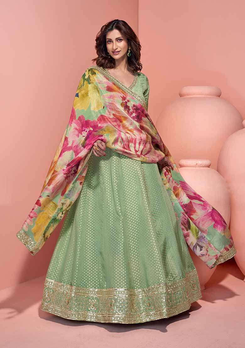 Pista Green Sequin Work Jacquard Anarkali Set - Indya