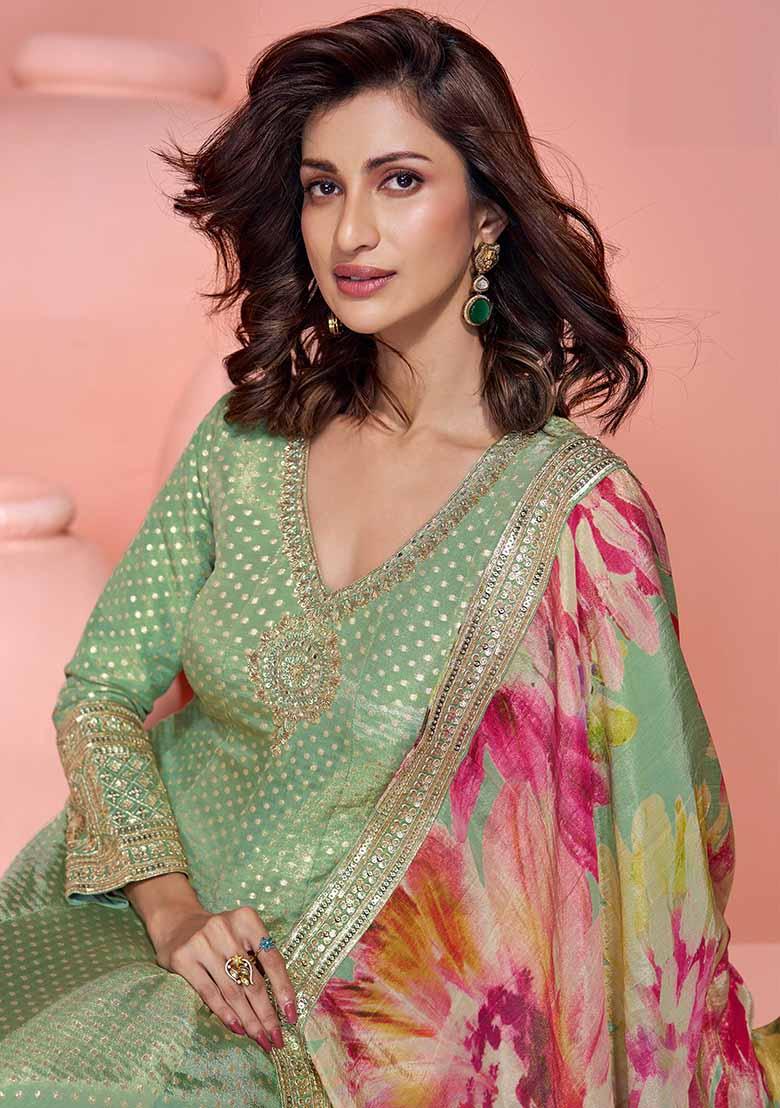 Pista Green Embroidered Jacquard Anarkali Set With Dupatta