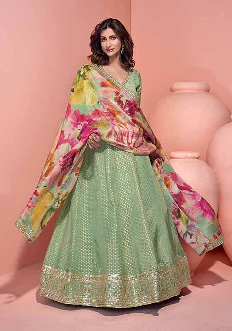 Pista Green Embroidered Jacquard Anarkali Set With Dupatta