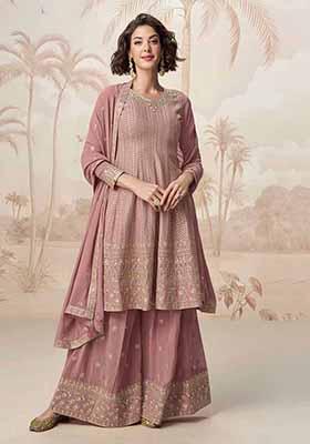 Mauve Embroidered Georgette Palazzo Set With Dupatta