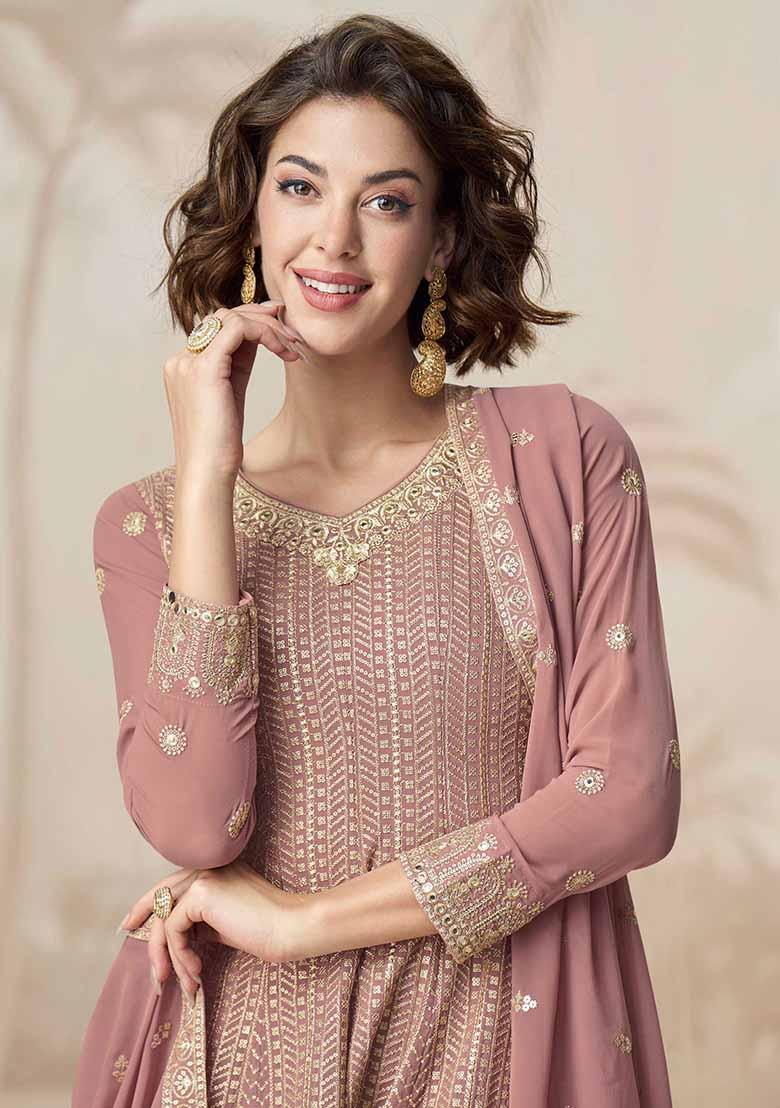Mauve Embroidered Georgette Palazzo Set With Dupatta