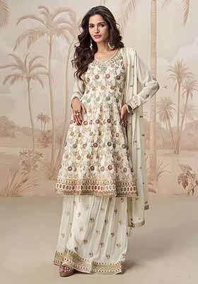 Off White Embroidered Georgette Palazzo Set With Dupatta