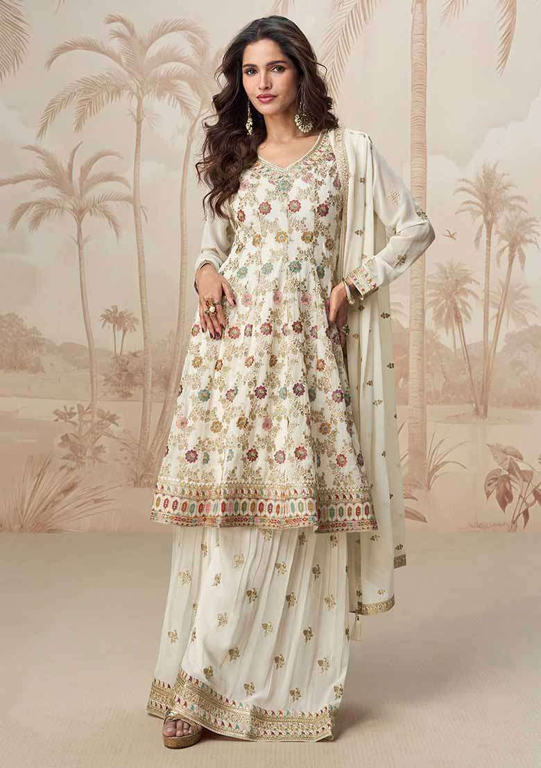 Off White Embroidered Georgette Sharara Set - Indya