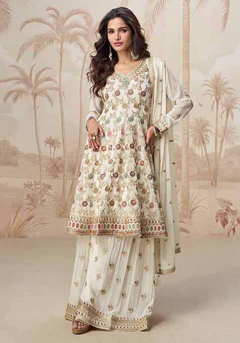 Off White Embroidered Georgette Palazzo Set With Dupatta