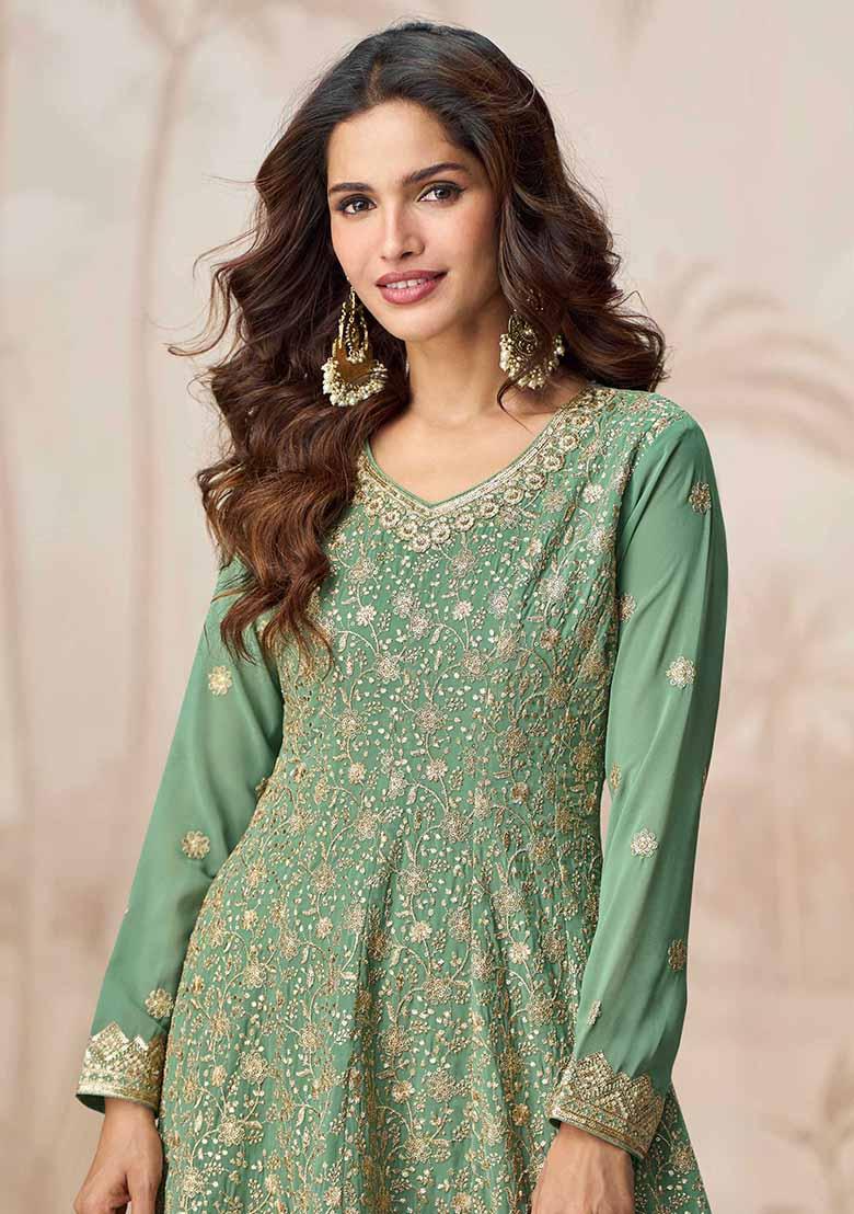 Sea Green Embroidered Georgette Palazzo Set With Dupatta