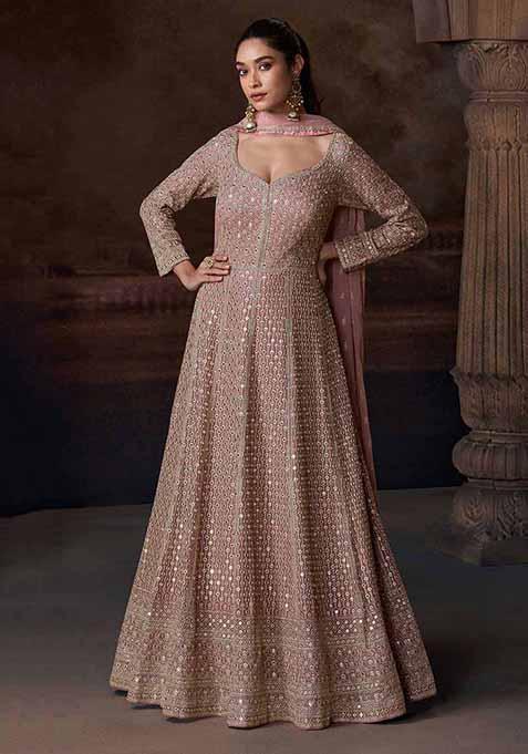 Mauve Embroidered Chinnon Silk Anarkali Set With Dupatta