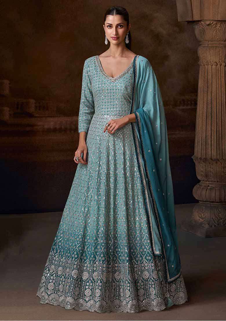 Blue Embroidered Chinnon Silk Anarkali With Dupatta - Indya