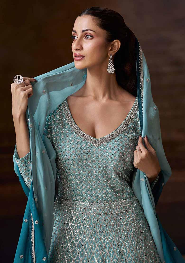 Blue Embroidered Chinnon Silk Anarkali Set With Dupatta