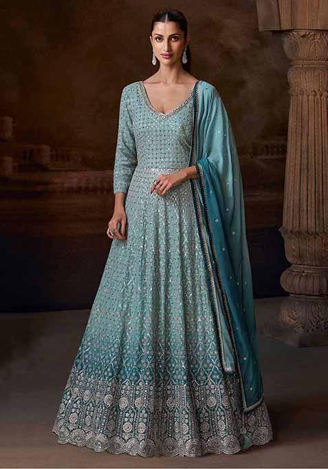 Blue Embroidered Chinnon Silk Anarkali Set With Dupatta