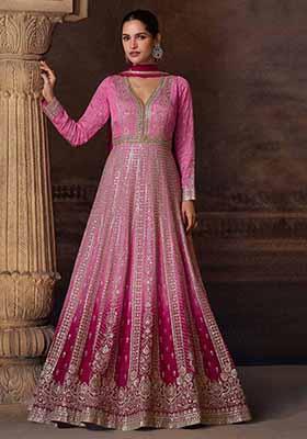 Pink Embroidered Chinnon Silk Anarkali Set With Dupatta