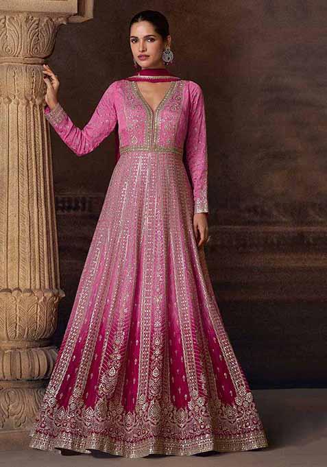 Pink Embroidered Chinnon Silk Anarkali Set With Dupatta