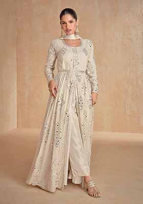 Off White Embroidered Chinnon Silk Anarkali Set With Dupatta