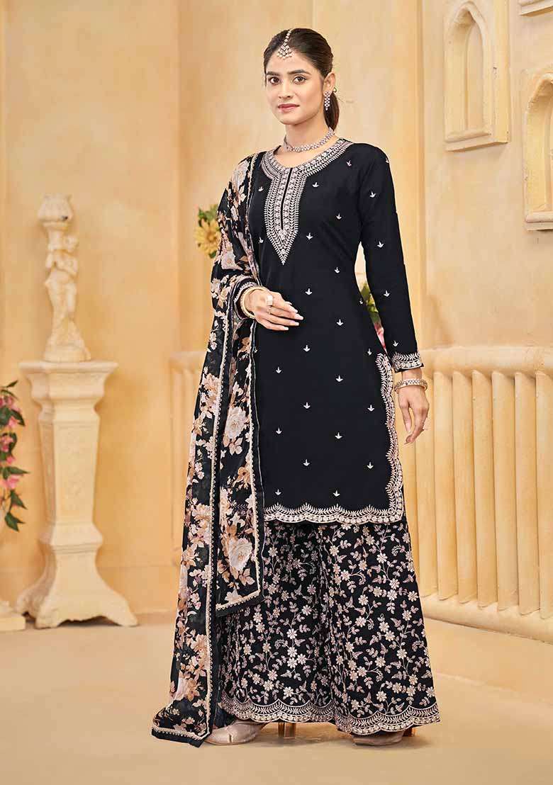 Black Embroidered Silk Sharara Set - Indya