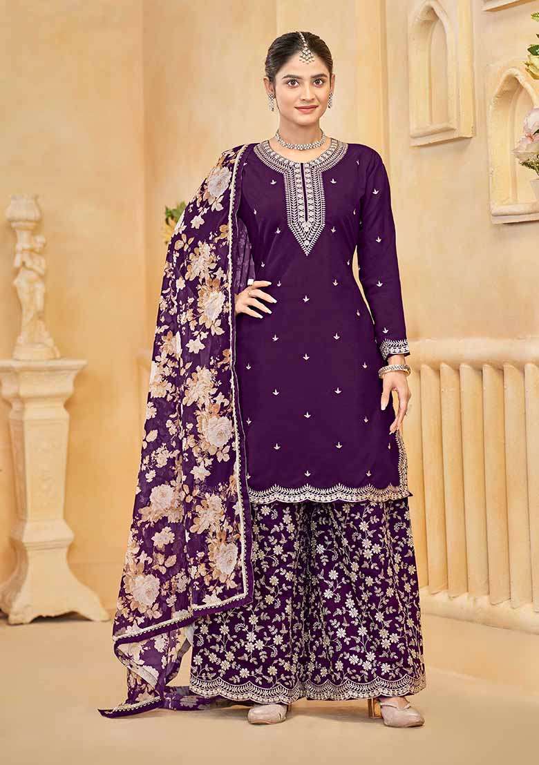 Purple Embroidered Roman Silk Palazzo Set With Dupatta - Indya