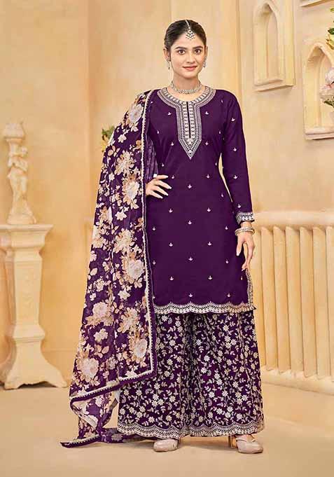 Purple Embroidered Roman Silk Palazzo Set With Dupatta