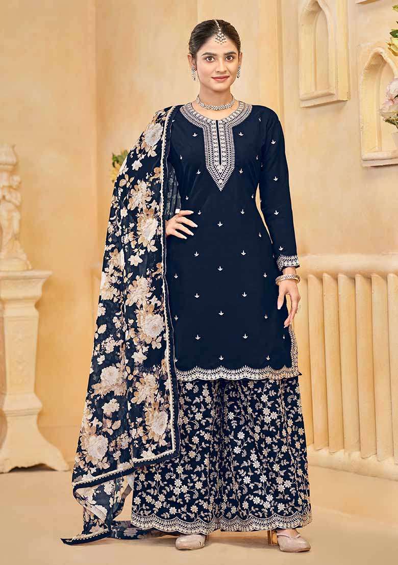 Navy Blue Embroidered Roman Silk Palazzo Set With Dupatta - Indya