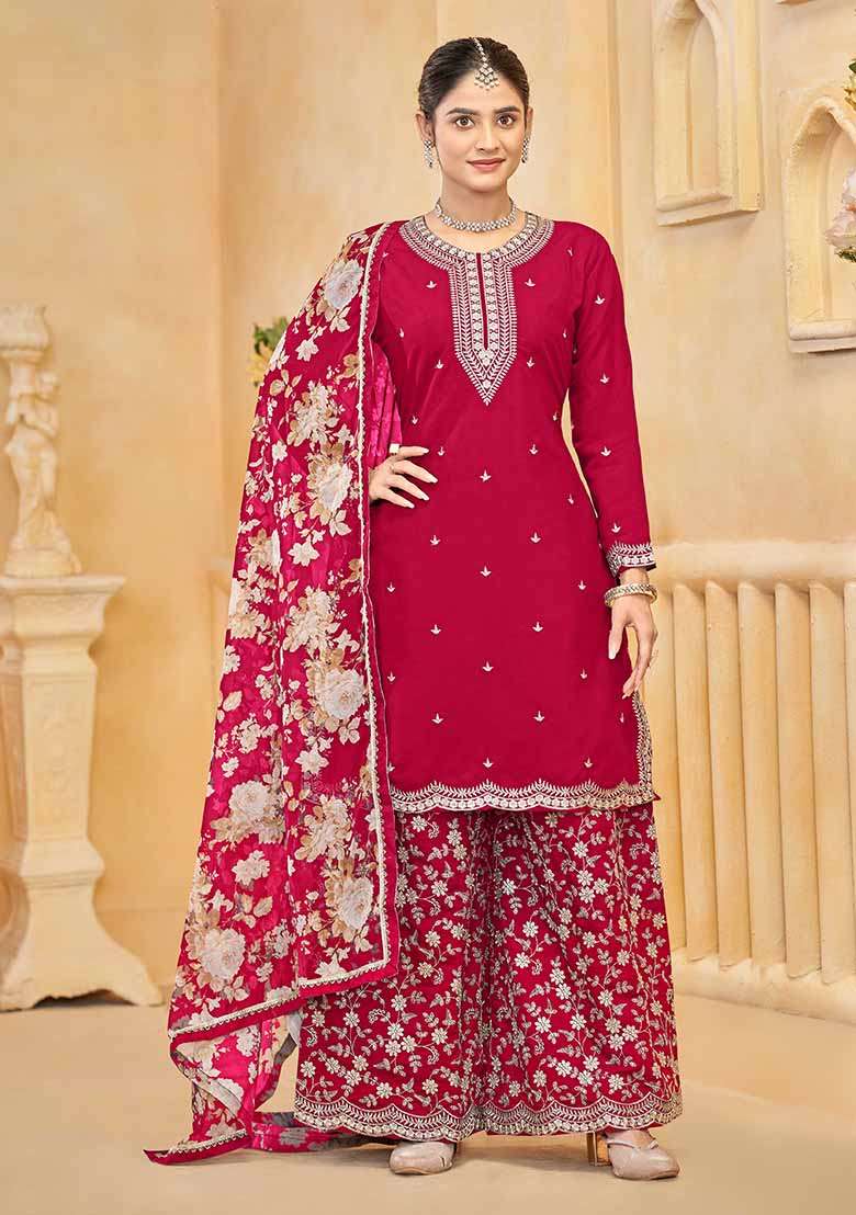 Rani Pink Embroidered Roman Sharara Set - Indya