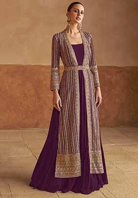 Purple Embroidered Georgette Anarkali Set With Dupatta