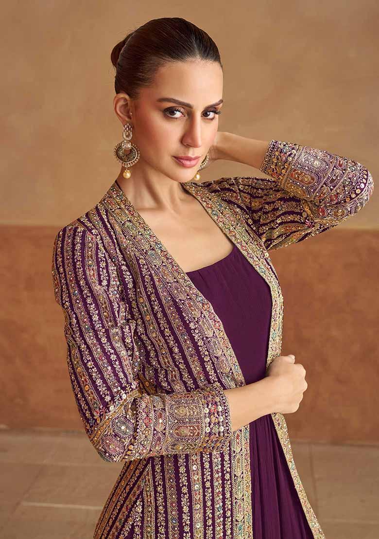 Purple Embroidered Georgette Anarkali Set With Dupatta