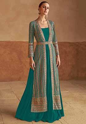 Turquoise Blue Embroidered Georgette Anarkali Set With Dupatta