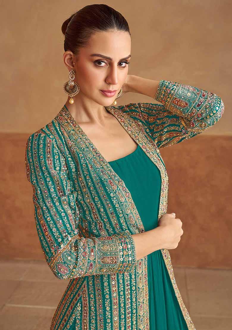 Turquoise Blue Embroidered Georgette Anarkali Set With Dupatta