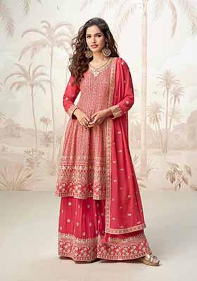 Pink Embroidered Georgette Palazzo Set With Dupatta