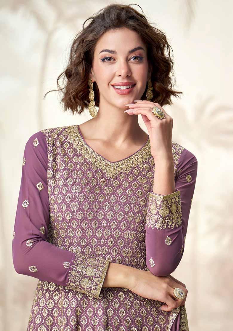 Lilac Embroidered Georgette Palazzo Set With Dupatta