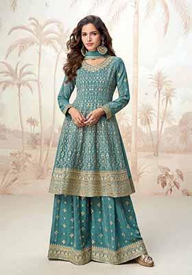 Sea Green Embroidered Georgette Palazzo Set With Dupatta