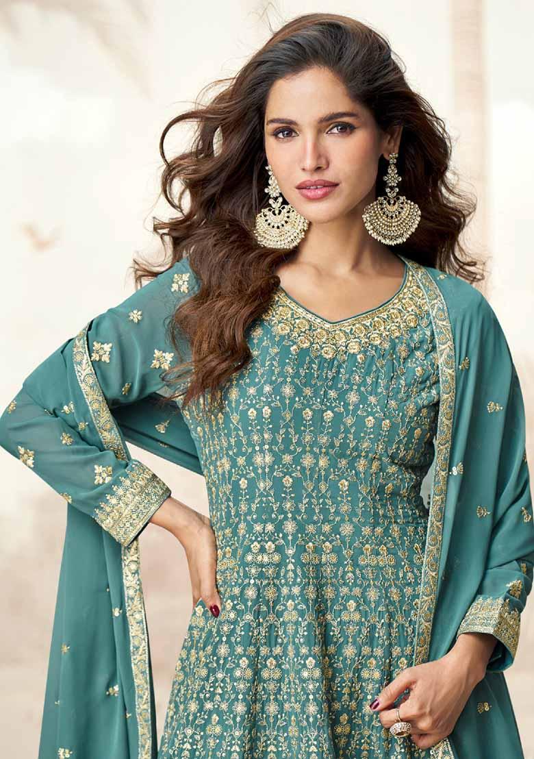 Sea Green Embroidered Georgette Palazzo Set With Dupatta