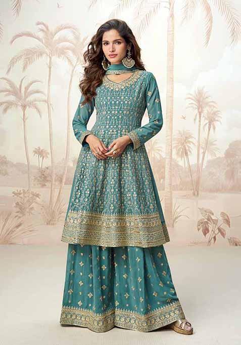 Sea Green Zari Work Georgette Sharara Set — view on Indya