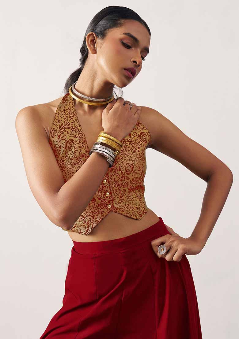 Red Embroidered Jacquard Palazzo Set With Dupatta