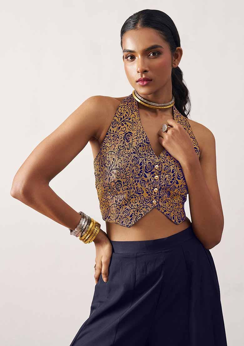 Navy Blue Embroidered Jacquard Palazzo Set With Dupatta